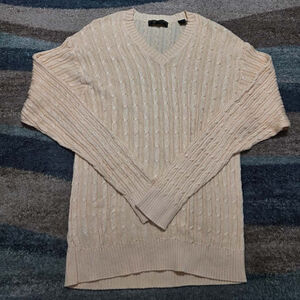 Bobby Jones Collection Men’s L Cable Knit Cotton Sweater Cream V-Neck Vintage